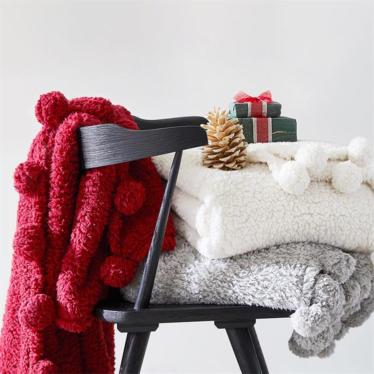 Christmas Fluffy Throw Blanket with Pom-poms Cozy Warm Sherpa Blanket for Winter Home Decor